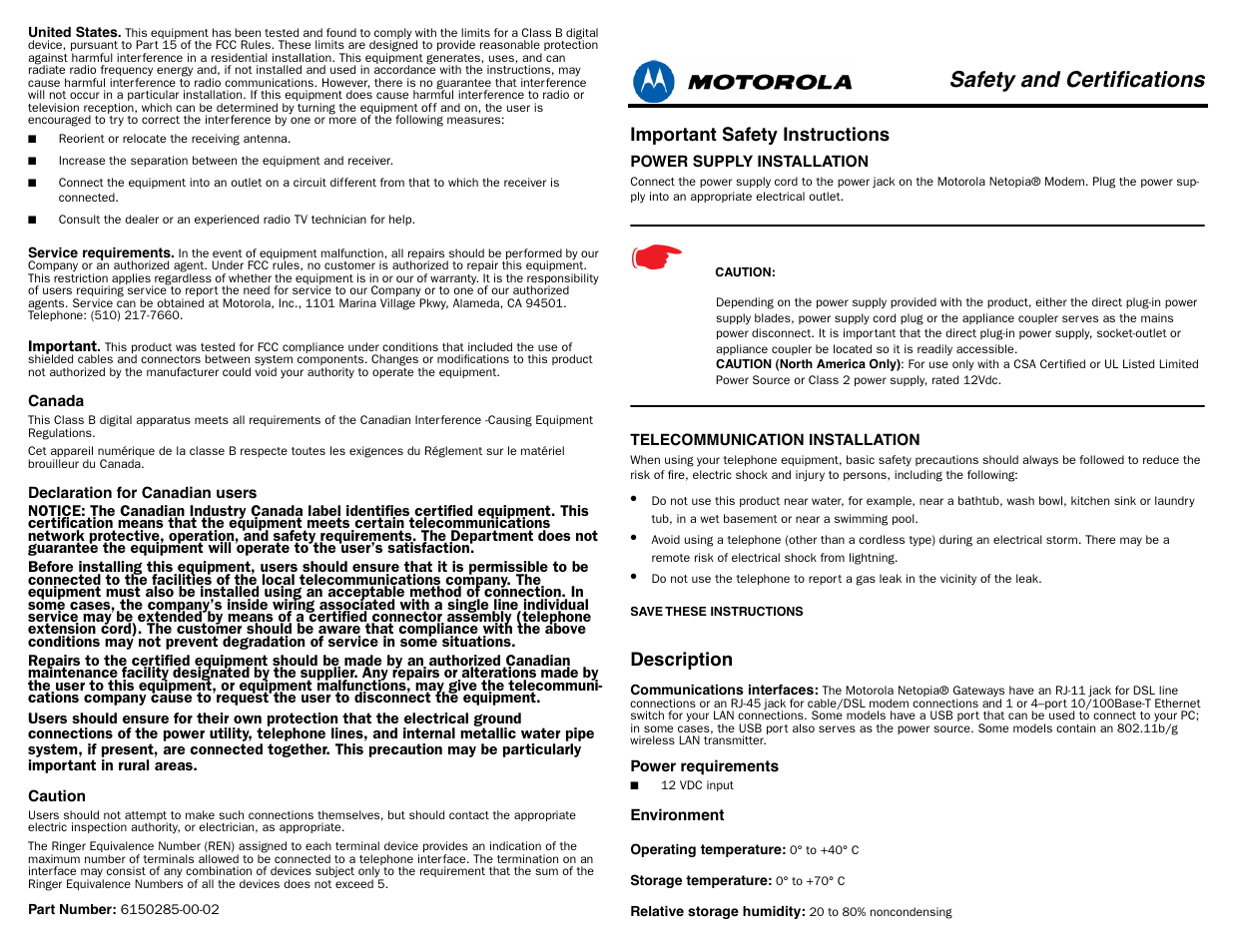 Motorola Netopia 6150285-00-02 User Manual | 2 pages