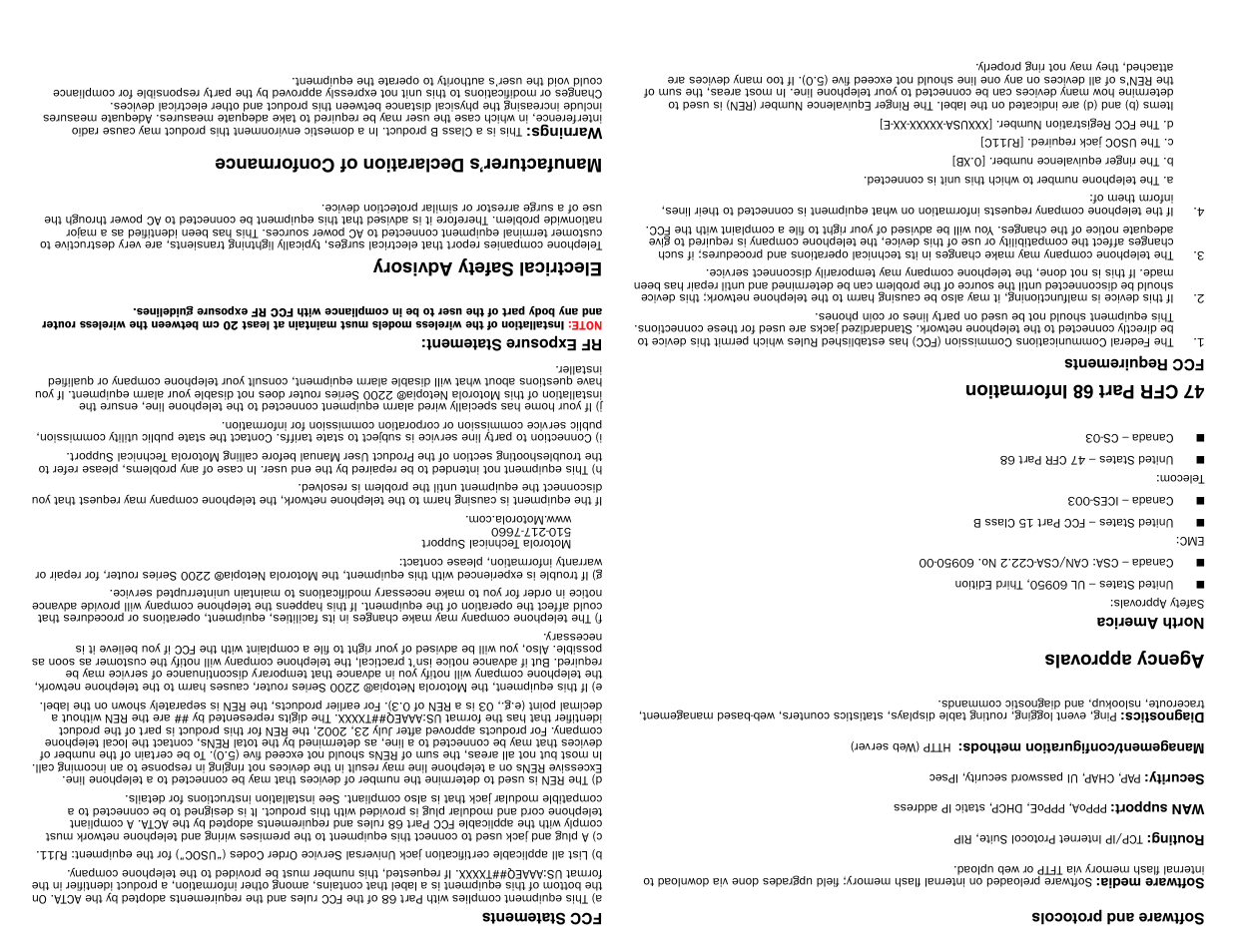 Agenc y appro vals, 47 cfr pa rt 68 inf ormation, Electrical safety ad visory | Manufacturer’ s declaration of conf ormance | Motorola Netopia 6150285-00-02 User Manual | Page 2 / 2