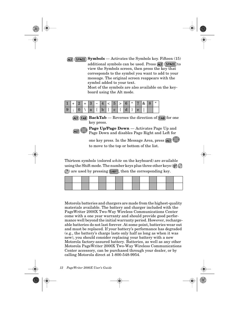 Shift-mode functions, The battery and charger | Motorola PageWriter 2000X User Manual | Page 19 / 99