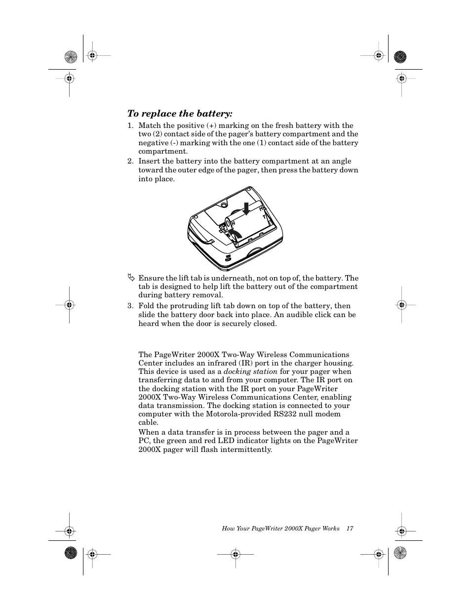 To replace the battery, The infrared port | Motorola PageWriter 2000X User Manual | Page 24 / 99