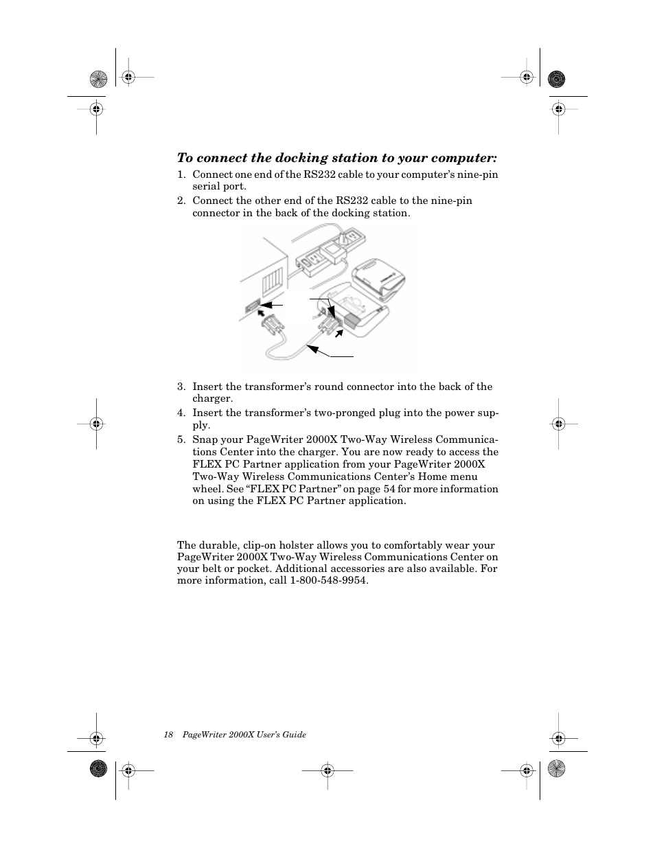 To connect the docking station to your computer, The holster | Motorola PageWriter 2000X User Manual | Page 25 / 99