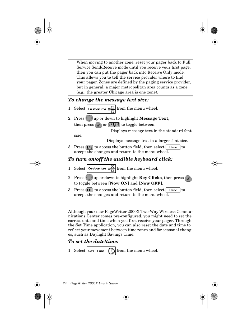 To change the message text size, To turn on/off the audible keyboard click, Setting the date and time | To set the date/time | Motorola PageWriter 2000X User Manual | Page 31 / 99