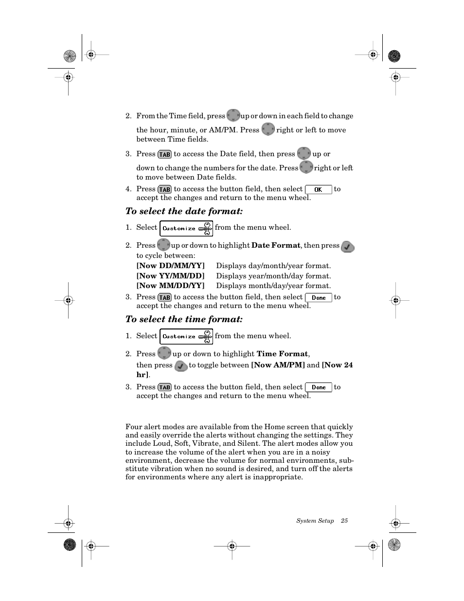 To select the date format, To select the time format, Assigning alert modes | Motorola PageWriter 2000X User Manual | Page 32 / 99