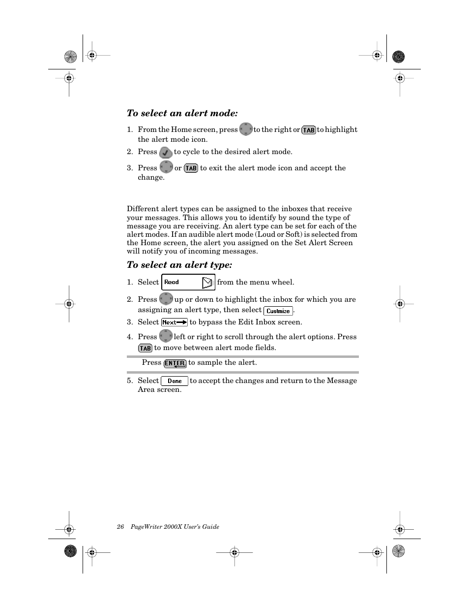 To select an alert mode, Assigning alert types, To select an alert type | Motorola PageWriter 2000X User Manual | Page 33 / 99