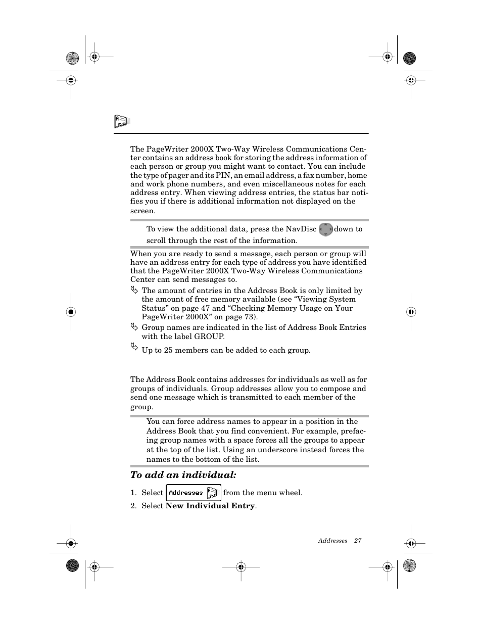 Addresses, Entering addresses, To add an individual | Motorola PageWriter 2000X User Manual | Page 34 / 99