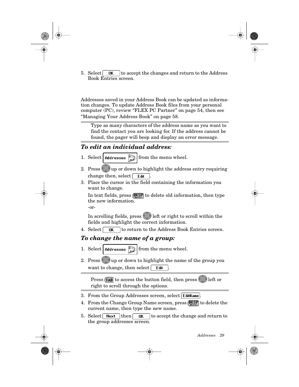 Editing addresses, To edit an individual address, To change the name of a group | Motorola PageWriter 2000X User Manual | Page 36 / 99