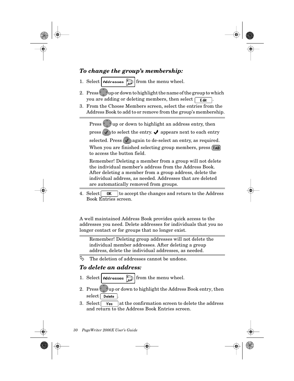 To change the group’s membership, Deleting addresses, To delete an address | Motorola PageWriter 2000X User Manual | Page 37 / 99