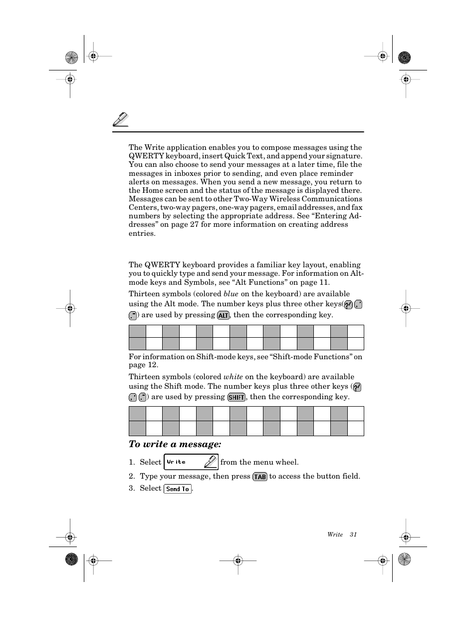 Write, Writing messages, To write a message | Motorola PageWriter 2000X User Manual | Page 38 / 99