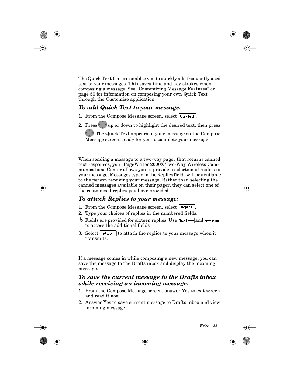 Adding quick text, To add quick text to your message, Attaching message replies | To attach replies to your message, Saving your message to the drafts inbox | Motorola PageWriter 2000X User Manual | Page 40 / 99