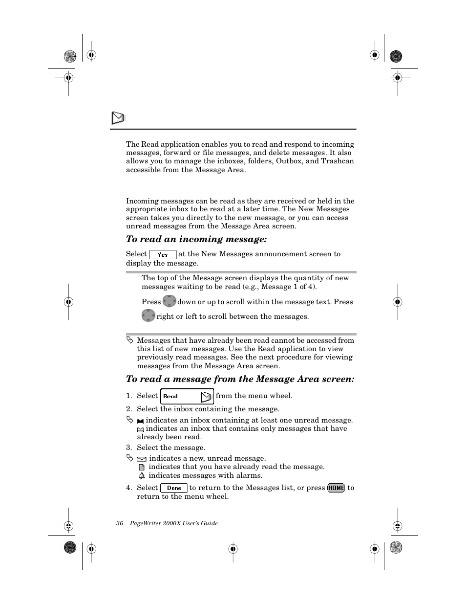 Read, Reading incoming messages, To read an incoming message | To read a message from the message area screen | Motorola PageWriter 2000X User Manual | Page 43 / 99