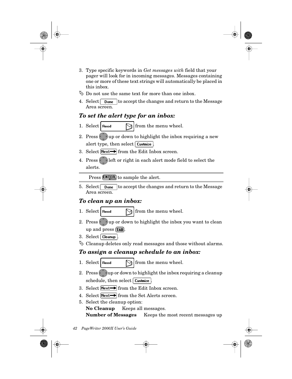 To set the alert type for an inbox, To clean up an inbox, To assign a cleanup schedule to an inbox | Motorola PageWriter 2000X User Manual | Page 49 / 99