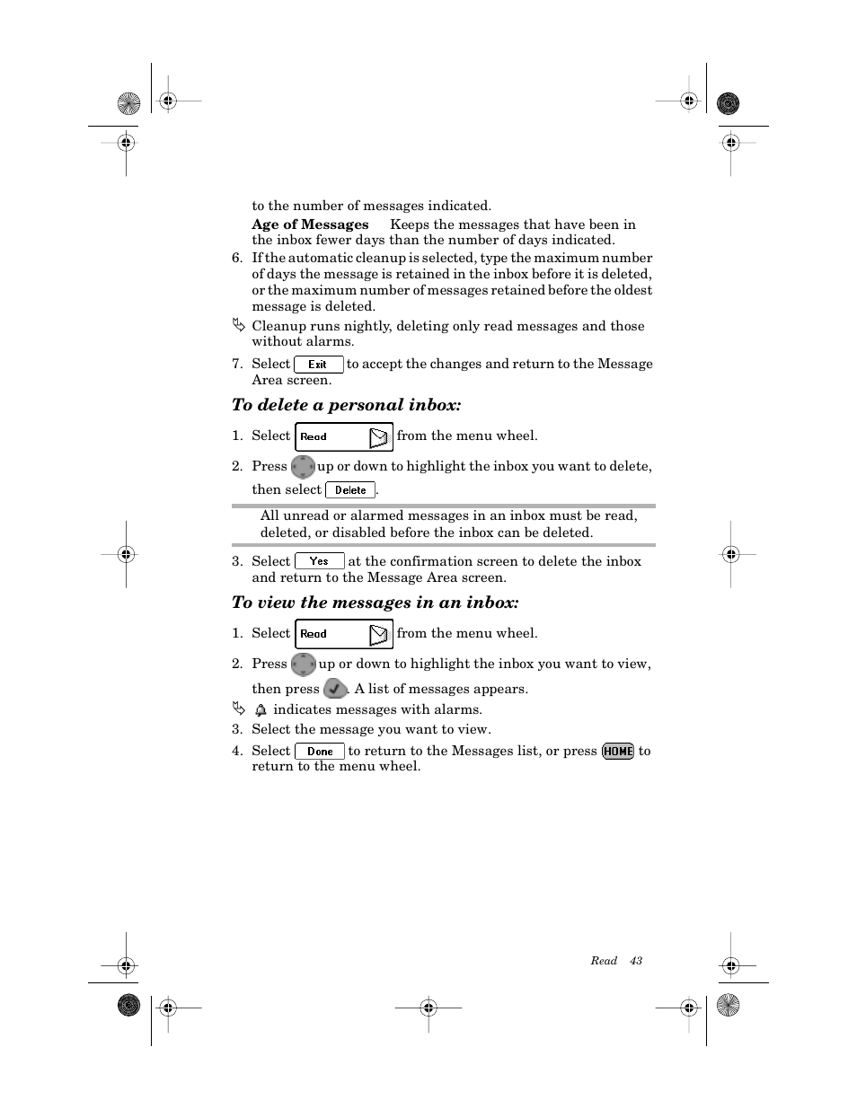 To delete a personal inbox, To view the messages in an inbox | Motorola PageWriter 2000X User Manual | Page 50 / 99