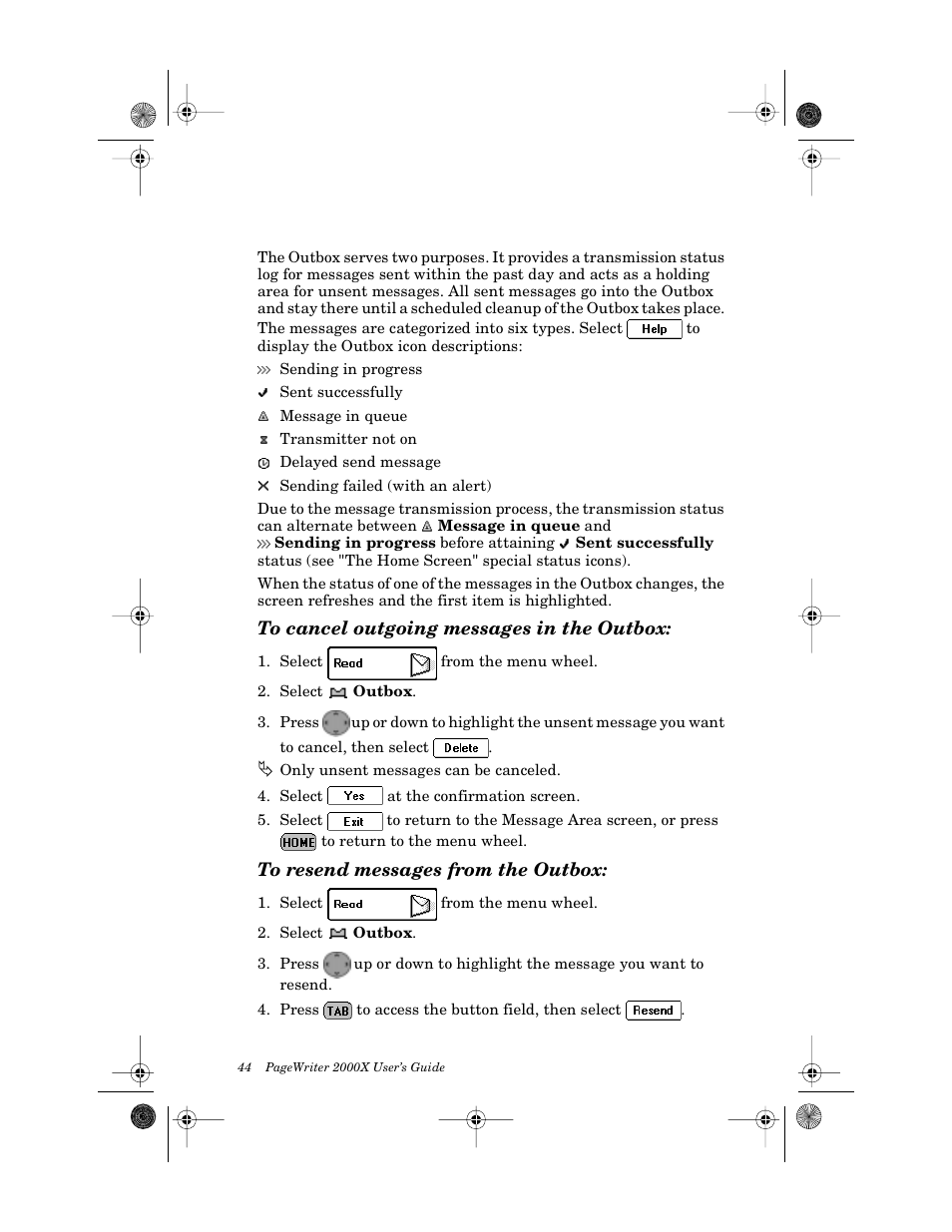 Outbox, To cancel outgoing messages in the outbox, To resend messages from the outbox | Motorola PageWriter 2000X User Manual | Page 51 / 99