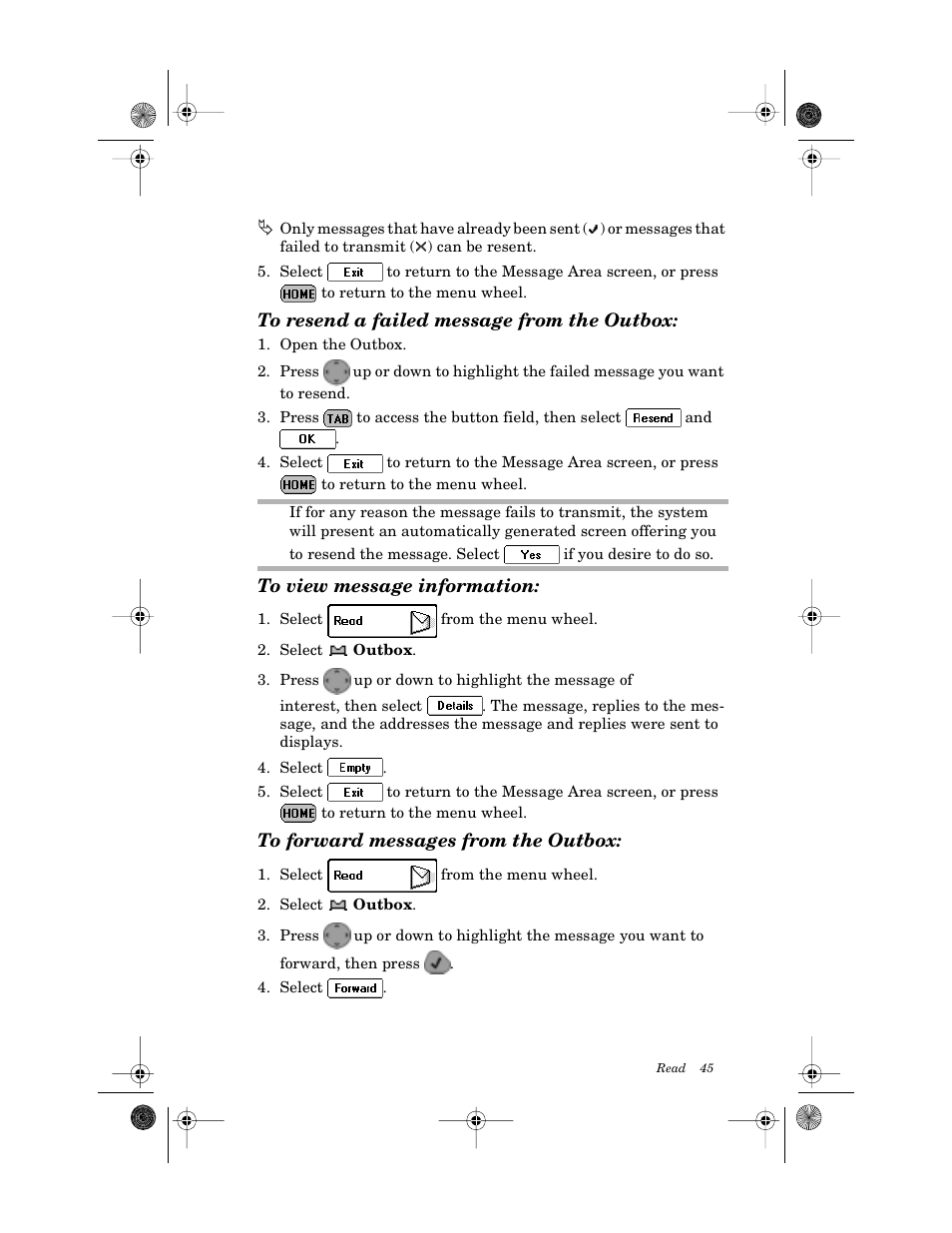 To resend a failed message from the outbox, To view message information, To forward messages from the outbox | Motorola PageWriter 2000X User Manual | Page 52 / 99