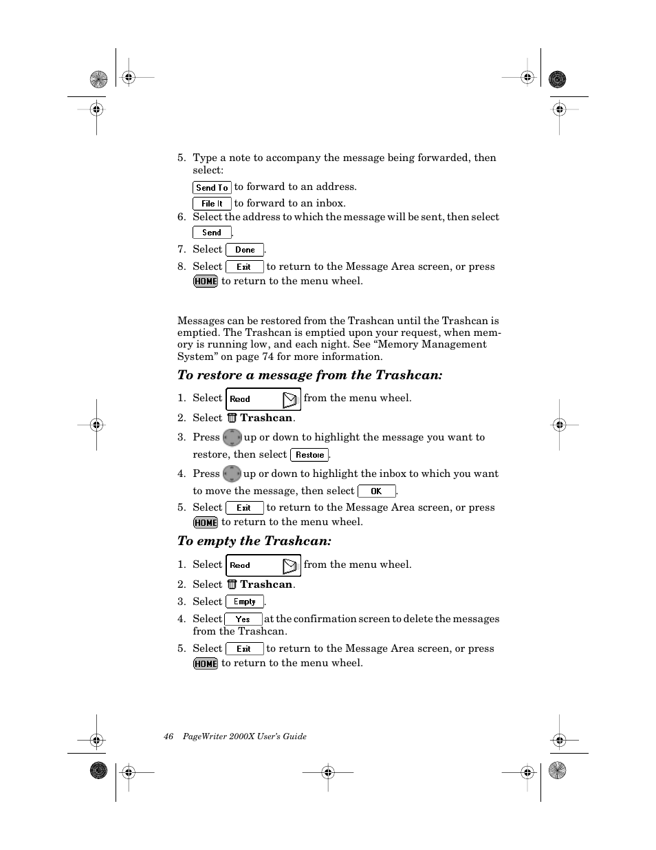 Trashcan, To restore a message from the trashcan, To empty the trashcan | Motorola PageWriter 2000X User Manual | Page 53 / 99