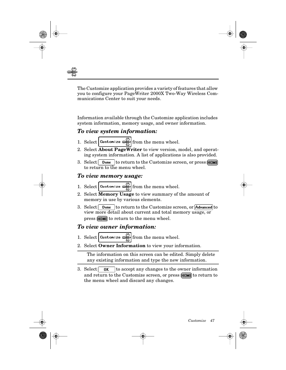 Customize, Viewing system status, To view system information | To view memory usage, To view owner information | Motorola PageWriter 2000X User Manual | Page 54 / 99