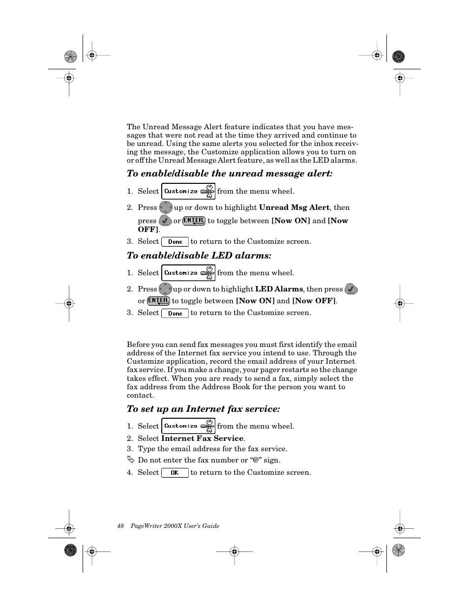 Enabling and disabling alerts and alarms, To enable/disable the unread message alert, To enable/disable led alarms | Setting up internet fax service, To set up an internet fax service | Motorola PageWriter 2000X User Manual | Page 55 / 99