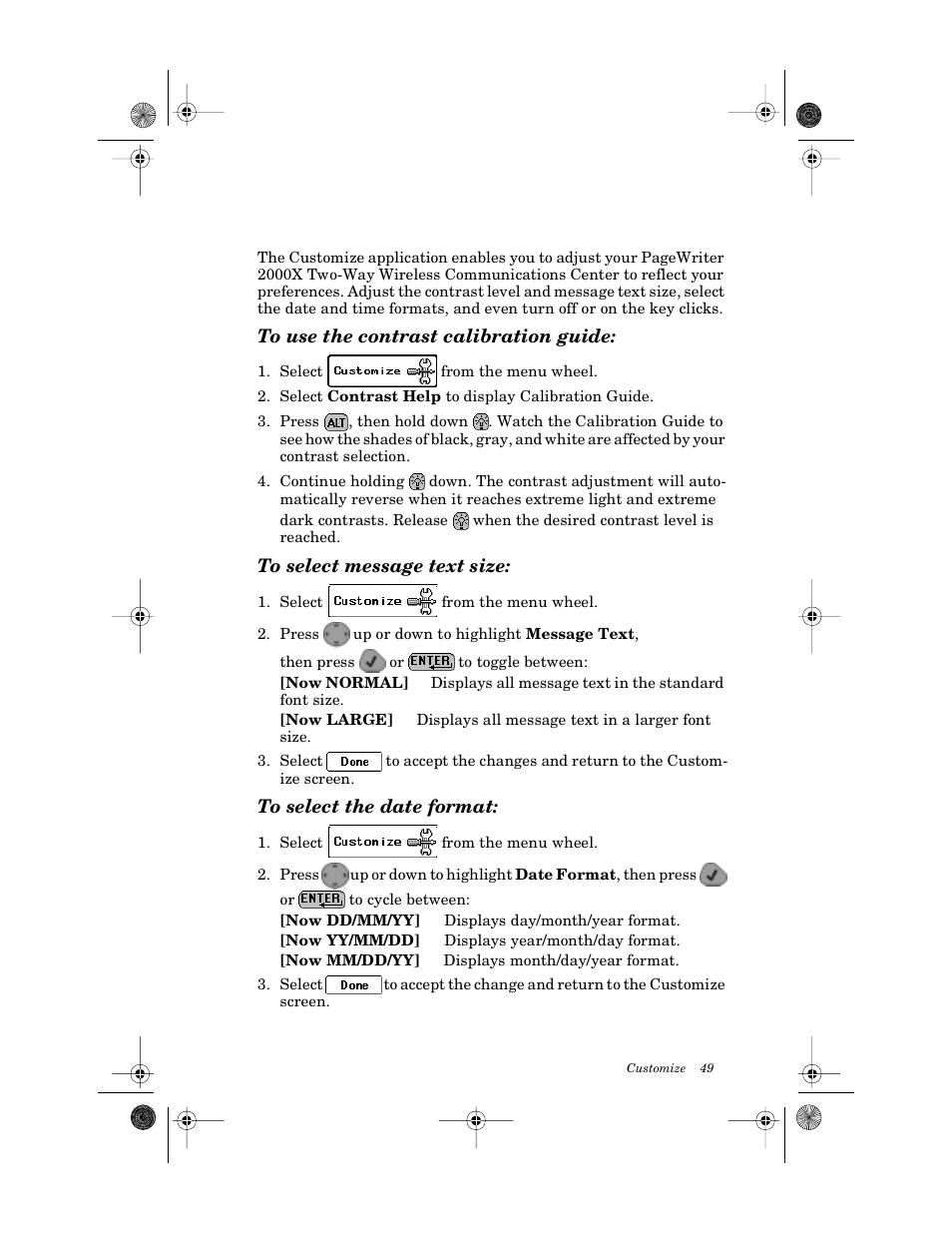 Customizing the user interface, To use the contrast calibration guide, To select message text size | To select the date format | Motorola PageWriter 2000X User Manual | Page 56 / 99