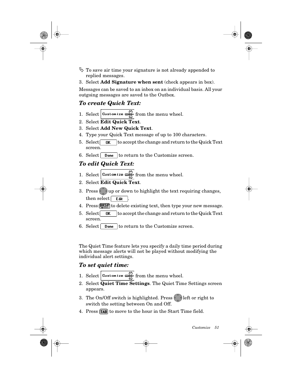 To create quick text, To edit quick text, Quiet time | To set quiet time | Motorola PageWriter 2000X User Manual | Page 58 / 99