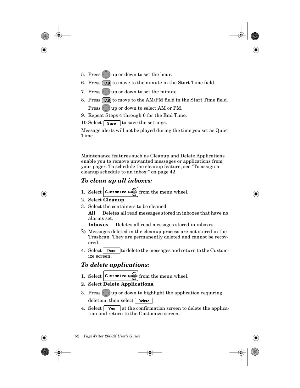 Maintaining inboxes and applications, To clean up all inboxes, To delete applications | Motorola PageWriter 2000X User Manual | Page 59 / 99