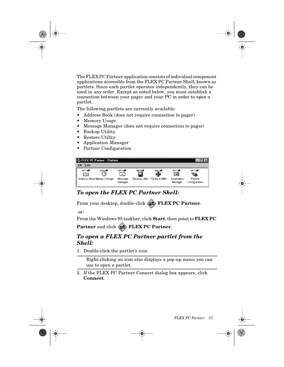 Using the pc partner shell, To open the flex pc partner shell, To open a flex pc partner partlet from the shell | Motorola PageWriter 2000X User Manual | Page 64 / 99