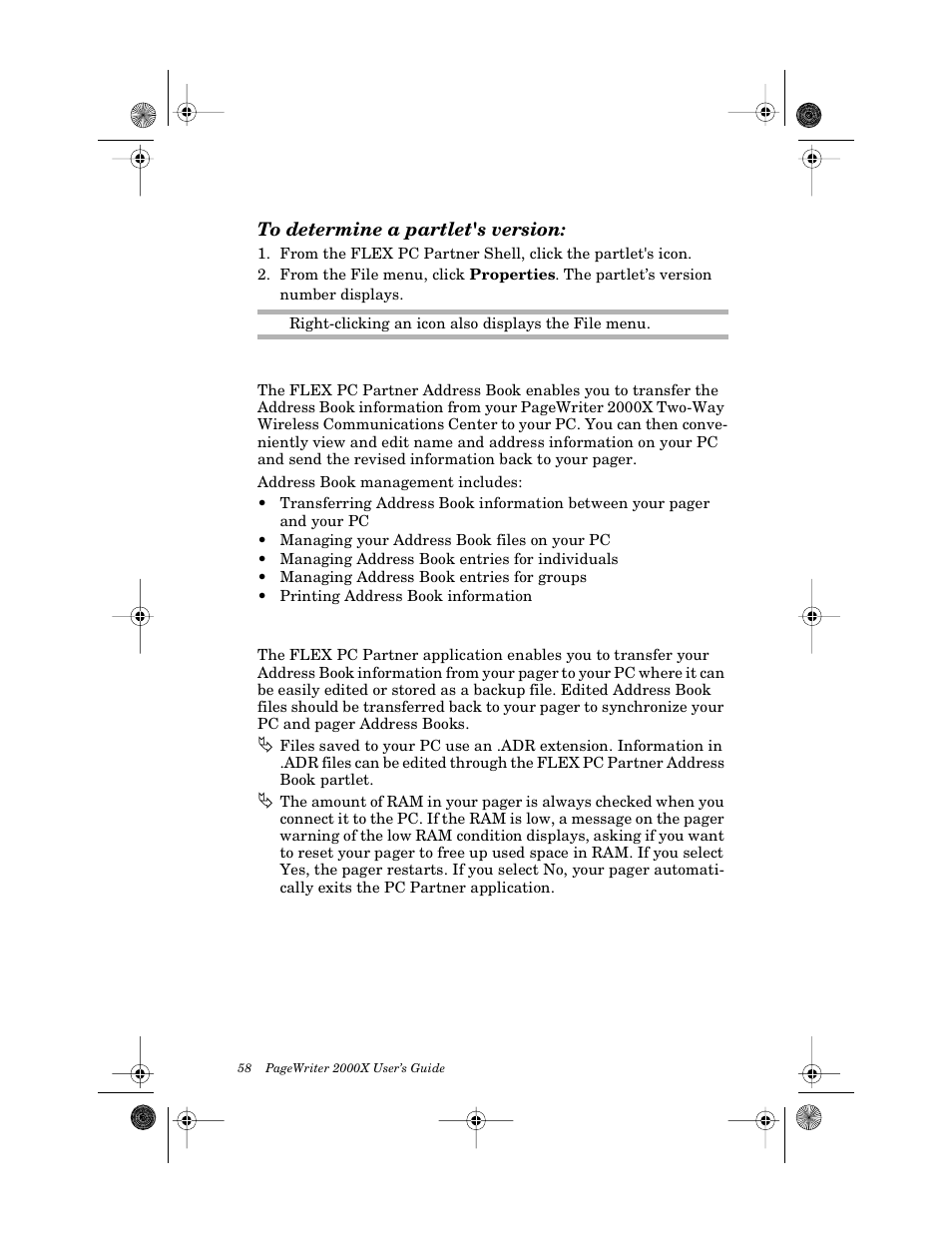 To determine a partlet's version, Managing your address book, Transferring address book information | Motorola PageWriter 2000X User Manual | Page 65 / 99