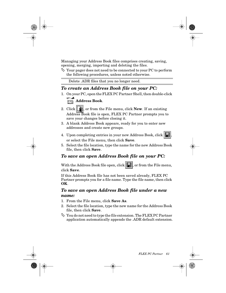 Managing address book files, To create an address book file on your pc, To save an open address book file on your pc | To save an open address book file under a new name | Motorola PageWriter 2000X User Manual | Page 68 / 99