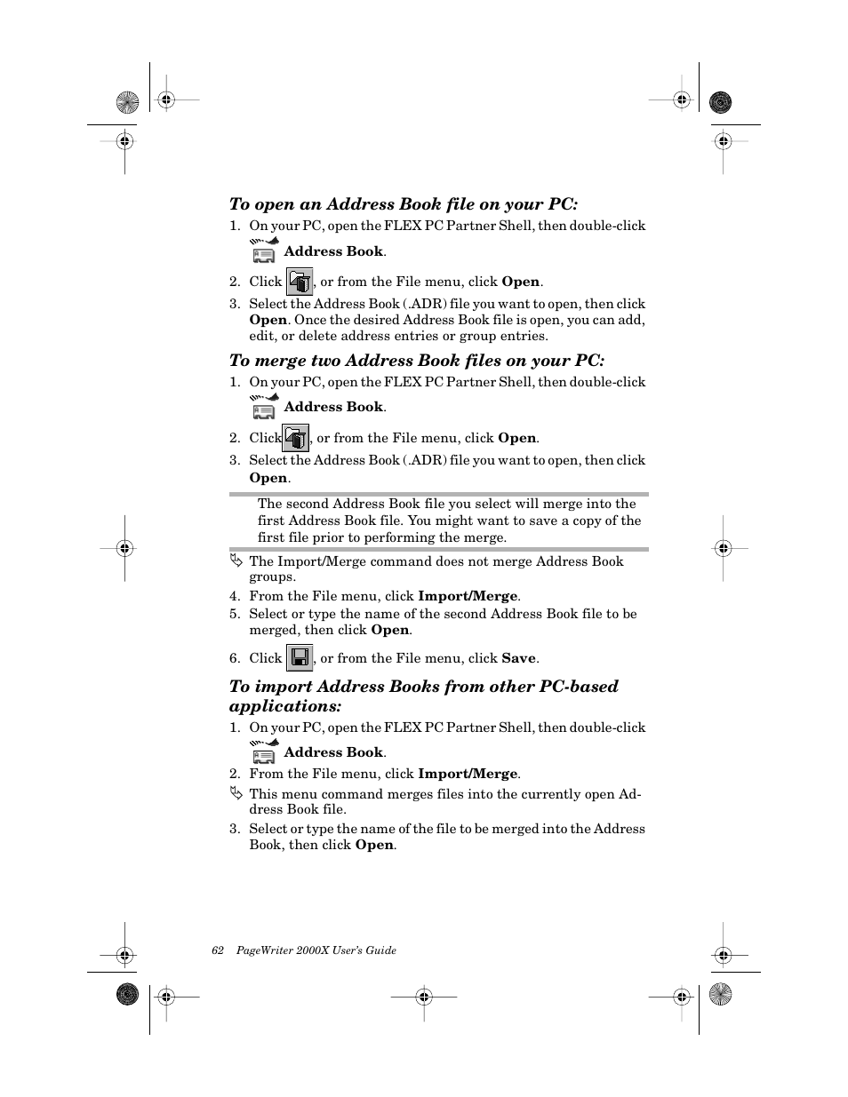 To open an address book file on your pc, To merge two address book files on your pc | Motorola PageWriter 2000X User Manual | Page 69 / 99