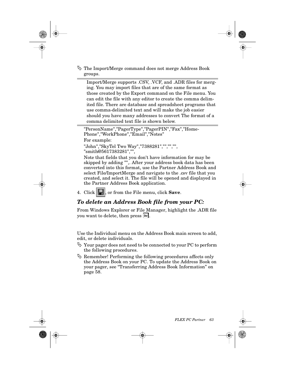 To delete an address book file from your pc, Managing addresses of individuals | Motorola PageWriter 2000X User Manual | Page 70 / 99