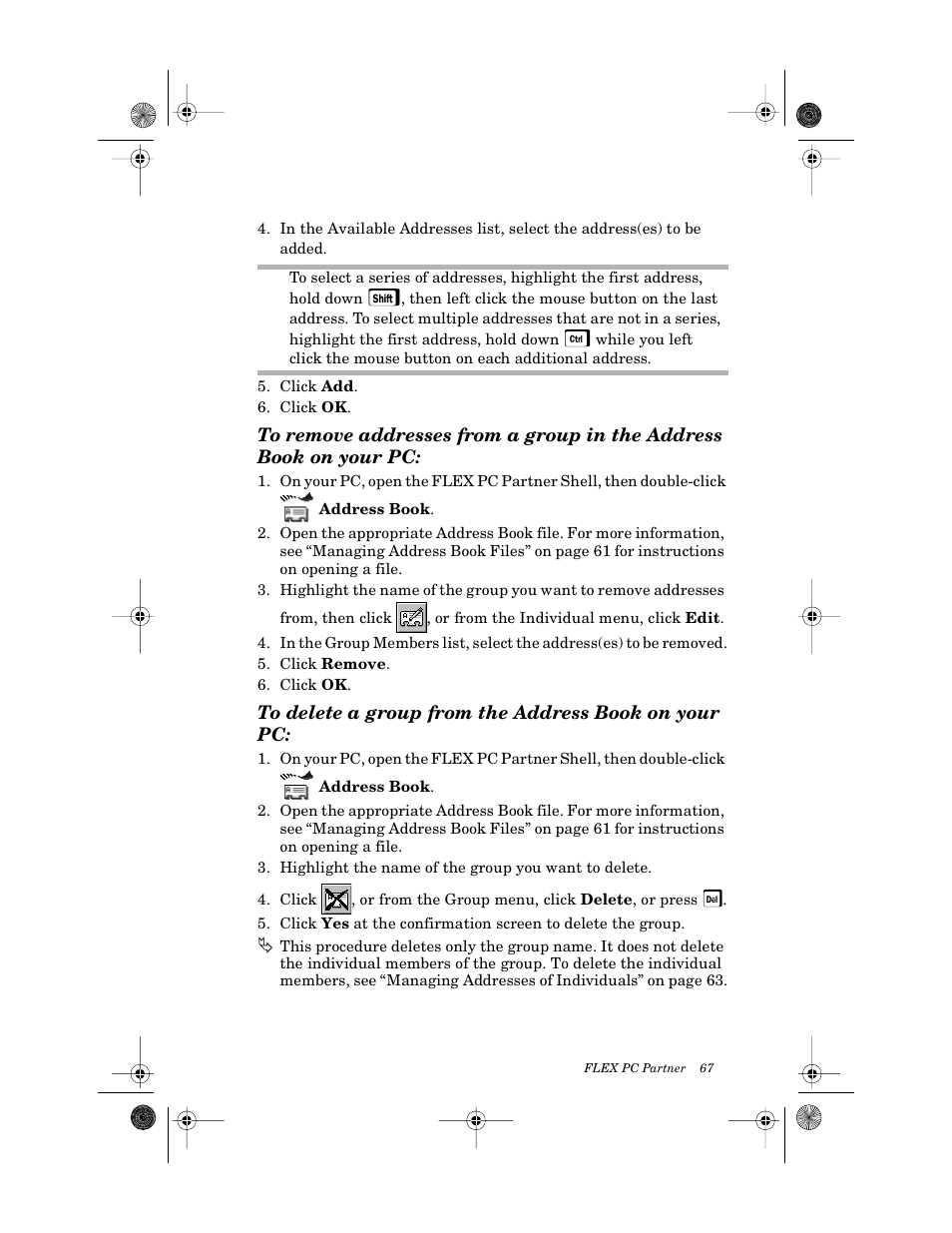 To delete a group from the address book on your pc, Printing address book information | Motorola PageWriter 2000X User Manual | Page 74 / 99