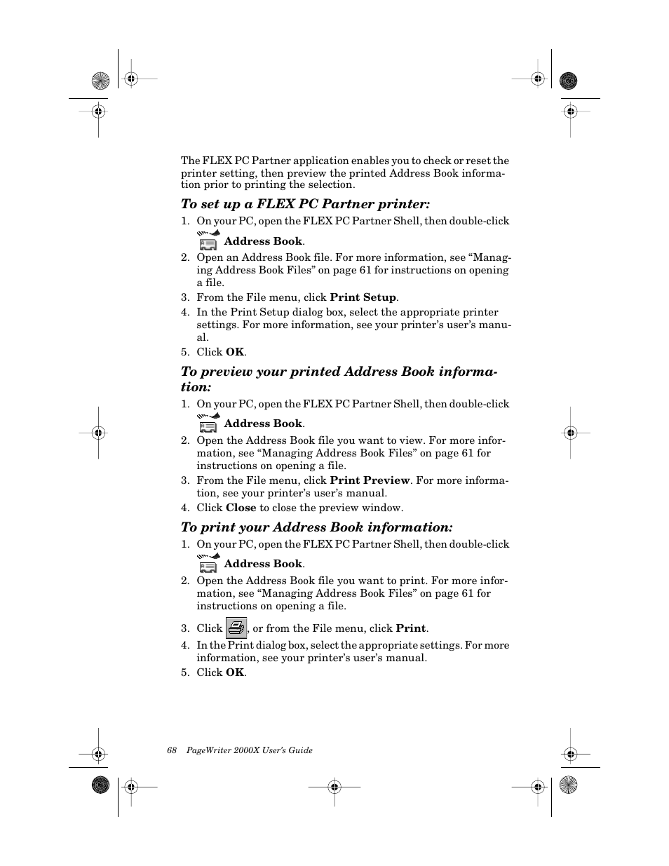 To set up a flex pc partner printer, To preview your printed address book information, To print your address book information | Motorola PageWriter 2000X User Manual | Page 75 / 99