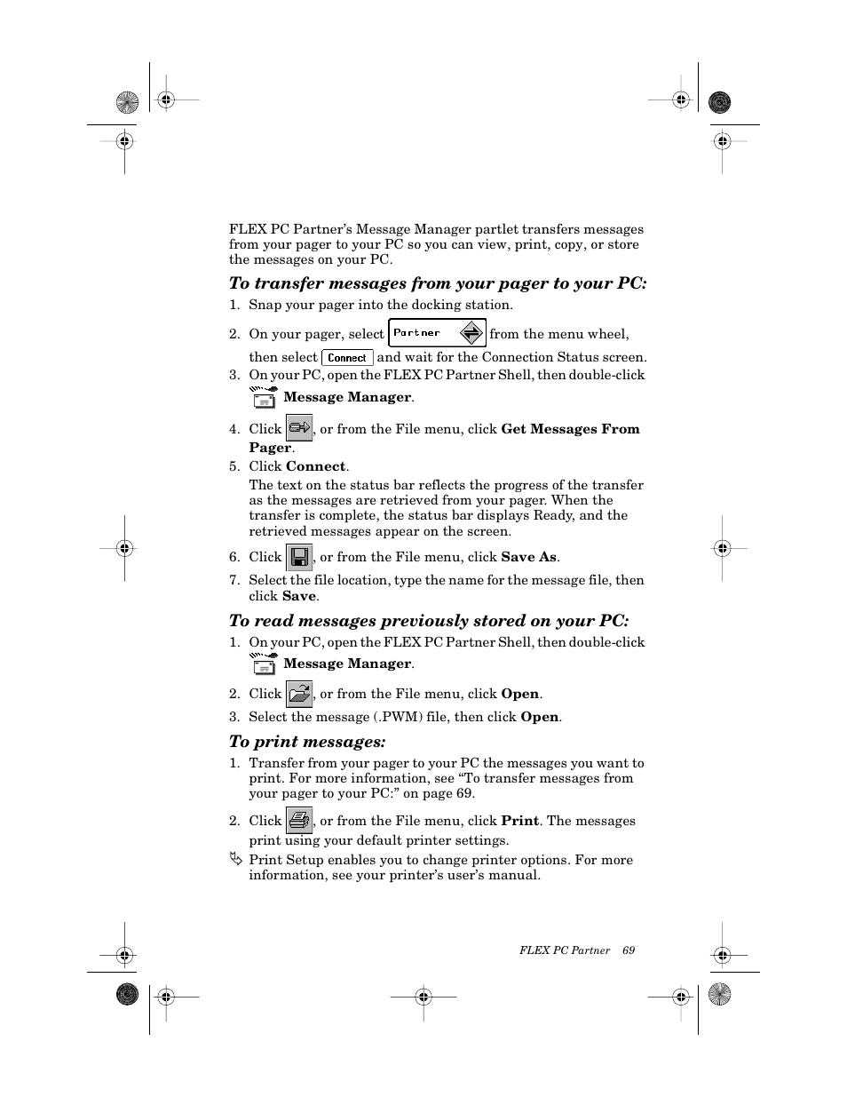 Managing your messages, To read messages previously stored on your pc, To print messages | Motorola PageWriter 2000X User Manual | Page 76 / 99