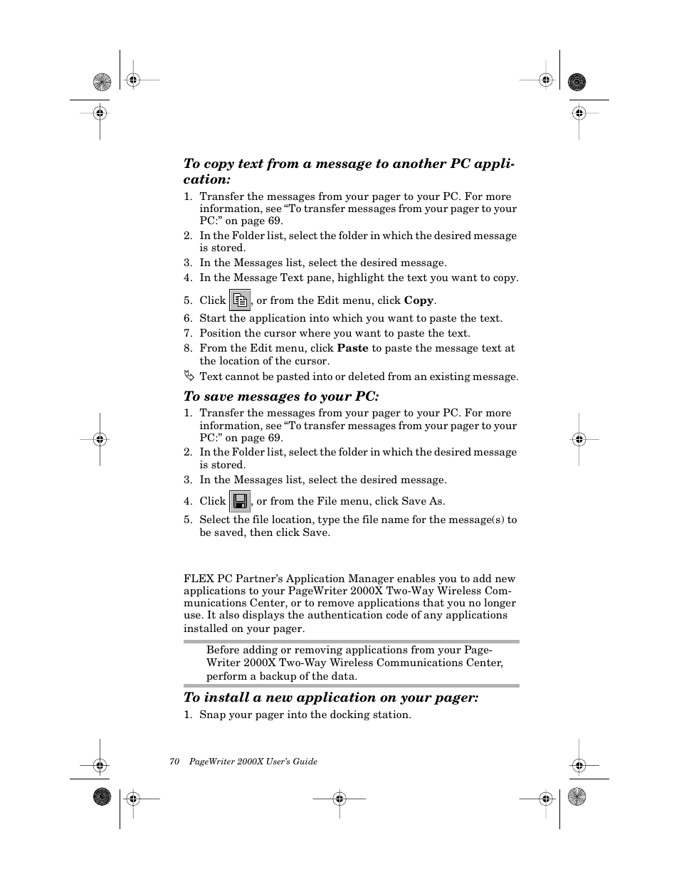 To save messages to your pc, Installing and removing applications | Motorola PageWriter 2000X User Manual | Page 77 / 99