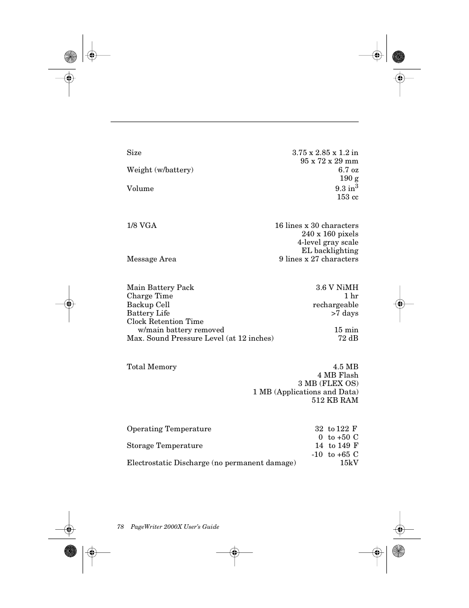 Physical dimensions, Graphics display, Power | Memory, Environment, Pagewriter 2000x pager specifications | Motorola PageWriter 2000X User Manual | Page 85 / 99