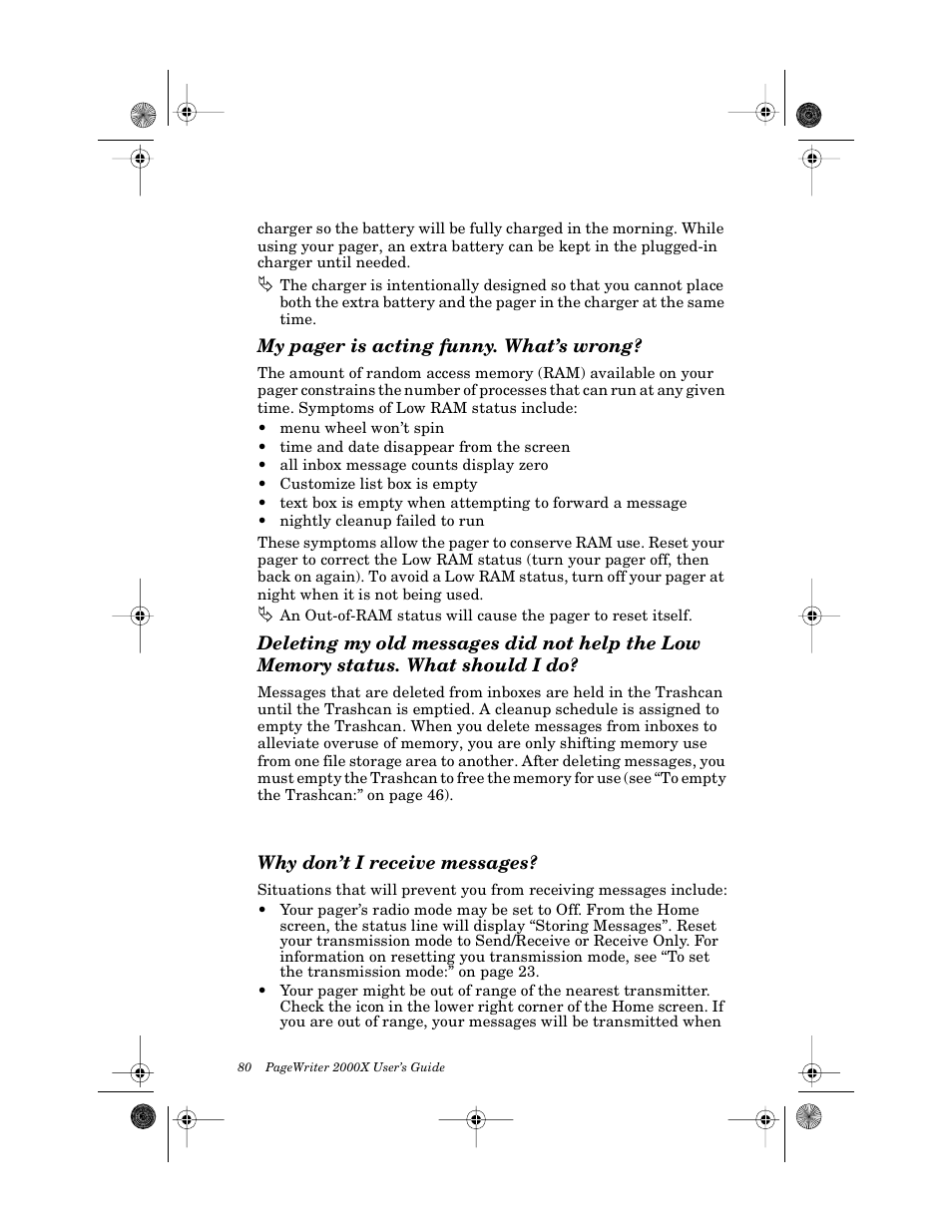 Messaging, Why don’t i receive messages | Motorola PageWriter 2000X User Manual | Page 87 / 99