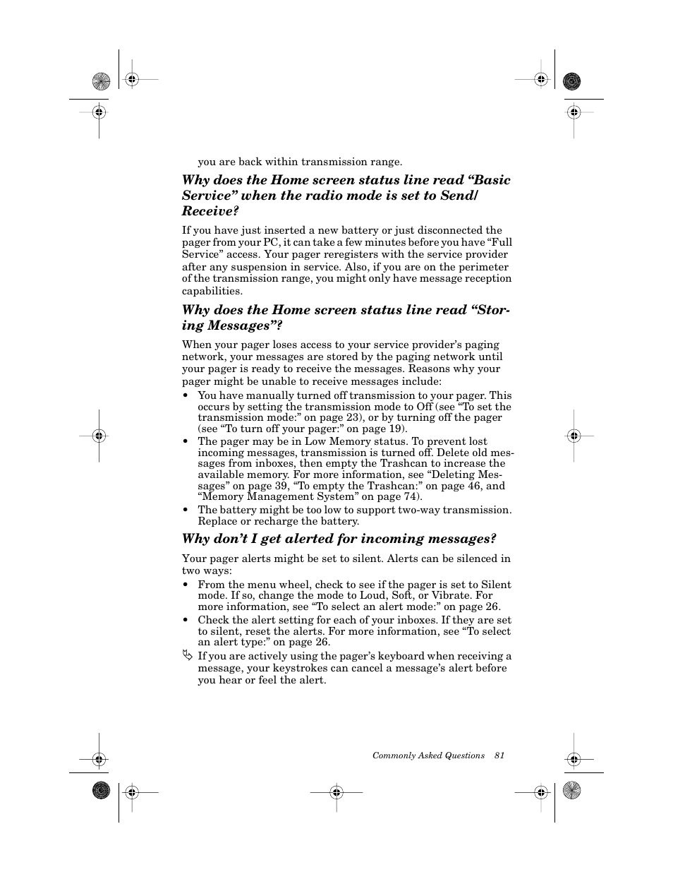 Why don’t i get alerted for incoming messages | Motorola PageWriter 2000X User Manual | Page 88 / 99