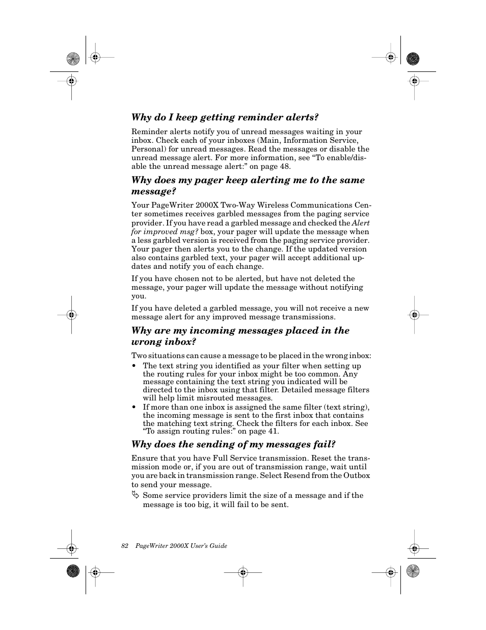 Why do i keep getting reminder alerts, Why does the sending of my messages fail | Motorola PageWriter 2000X User Manual | Page 89 / 99