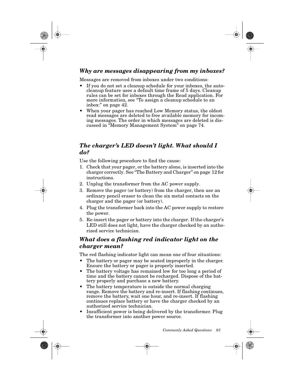 Why are messages disappearing from my inboxes, Battery and charger, The charger’s led doesn’t light. what should i do | Motorola PageWriter 2000X User Manual | Page 90 / 99