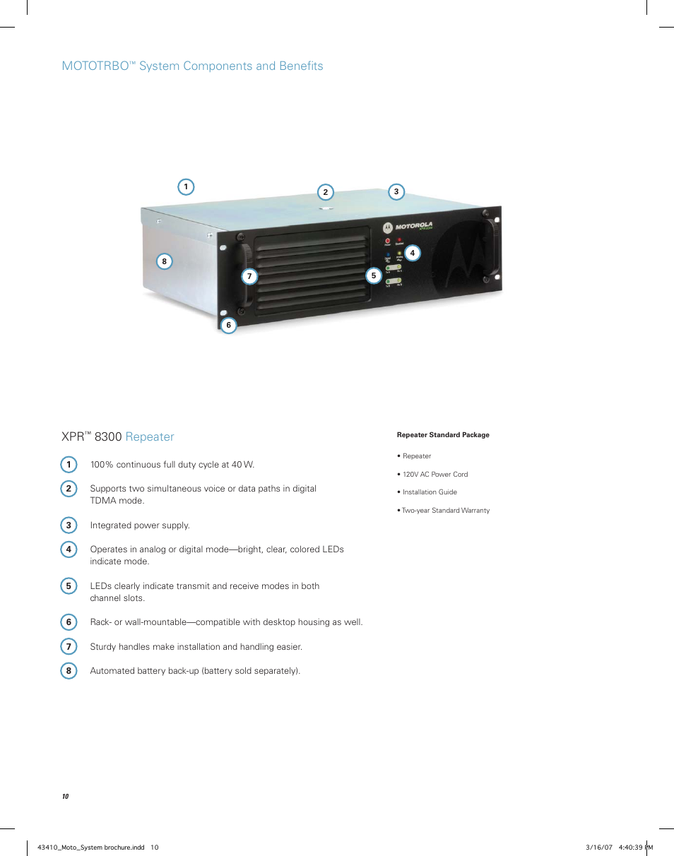 8300 repeater, Mototrbo, System components and beneﬁ ts | Motorola MOTOTRBO Professional Digital Two-Way Radio System User Manual | Page 10 / 20