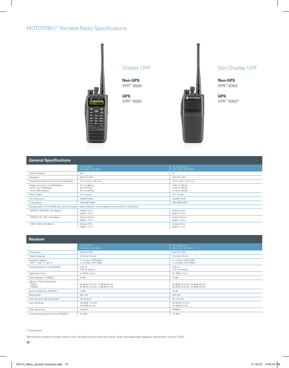 Mototrbo, Portable radio speciﬁ cations display uhf, Non-display uhf | General speciﬁ cations, Receiver, Non-gps xpr, 6500 gps xpr, 6300 gps xpr | Motorola MOTOTRBO Professional Digital Two-Way Radio System User Manual | Page 14 / 20
