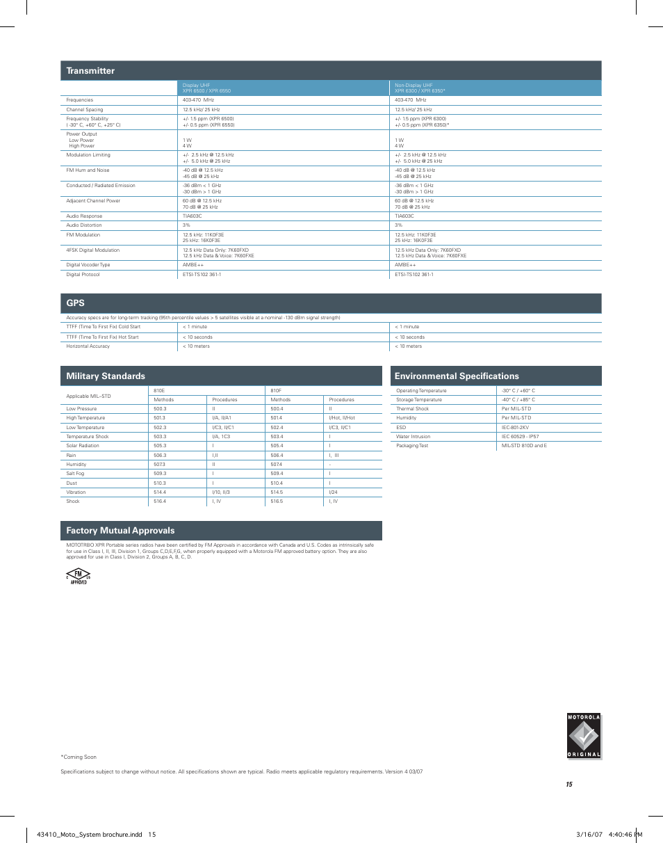 Transmitter, Military standards, Environmental speciﬁ cations | Factory mutual approvals | Motorola MOTOTRBO Professional Digital Two-Way Radio System User Manual | Page 15 / 20