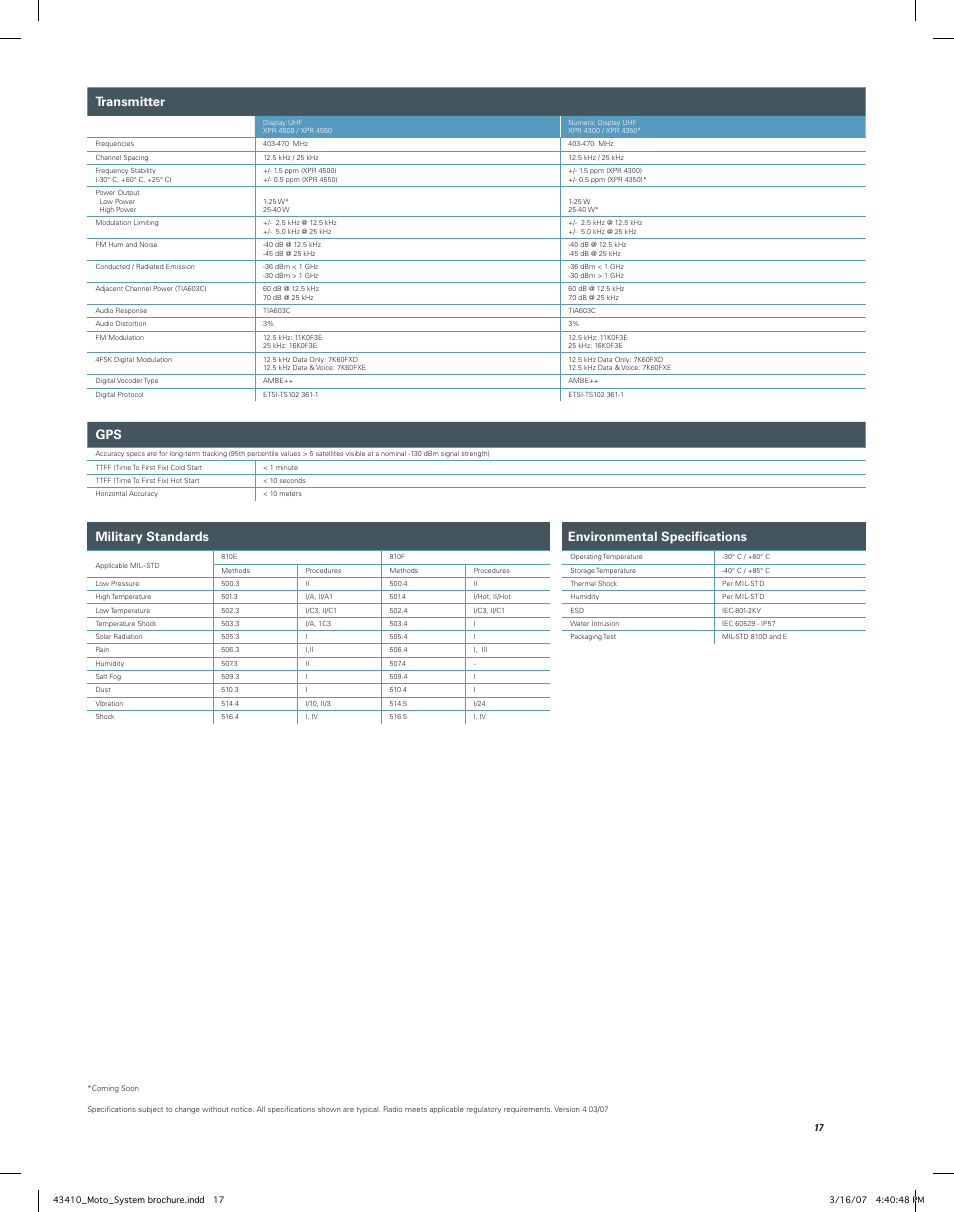 Military standards, Environmental speciﬁ cations, Transmitter | Motorola MOTOTRBO Professional Digital Two-Way Radio System User Manual | Page 17 / 20
