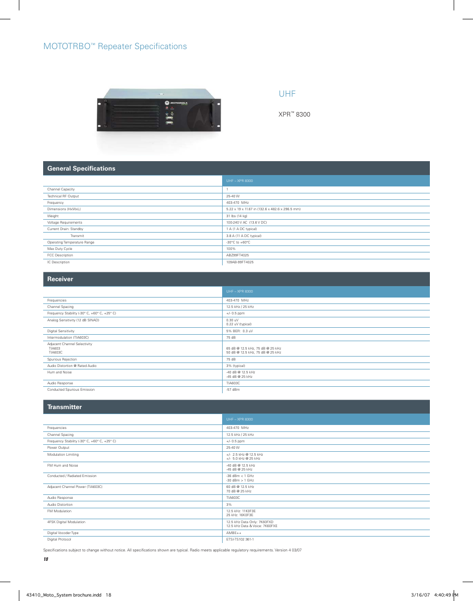 Mototrbo, Repeater speciﬁ cations, General speciﬁ cations | Receiver, Transmitter | Motorola MOTOTRBO Professional Digital Two-Way Radio System User Manual | Page 18 / 20