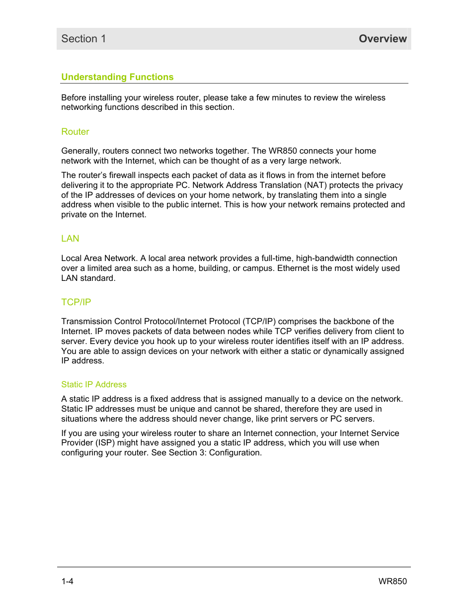 Understanding functions, Router, Tcp/ip | Static ip address | Motorola WR850GP User Manual | Page 10 / 123