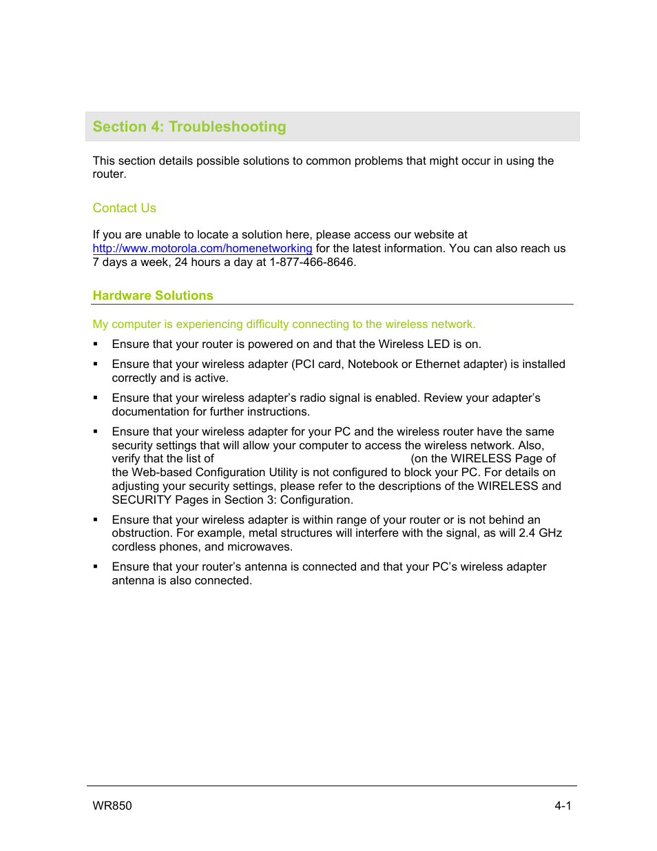 Section 4: troubleshooting, Contact us, Hardware solutions | Motorola WR850GP User Manual | Page 106 / 123