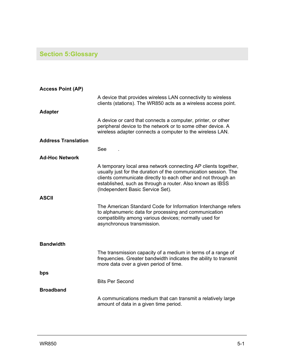 Section 5:glossary | Motorola WR850GP User Manual | Page 111 / 123