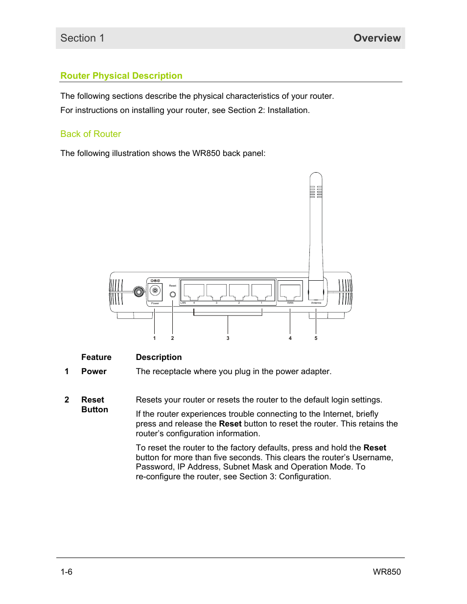Router physical description, Back of router, 6 wr850 | Motorola WR850GP User Manual | Page 12 / 123