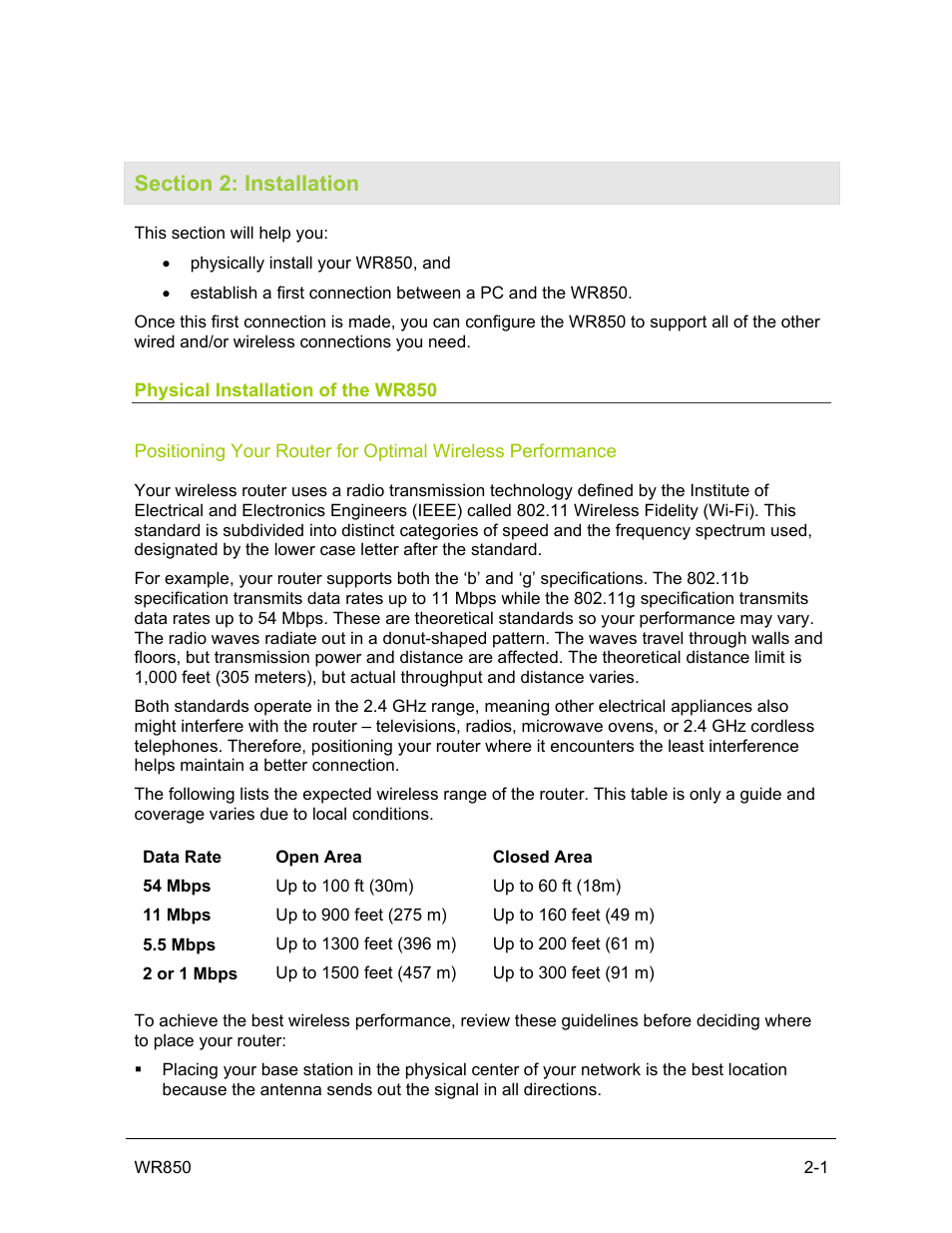 Section 2: installation, Physical installation of the wr850 | Motorola WR850GP User Manual | Page 15 / 123