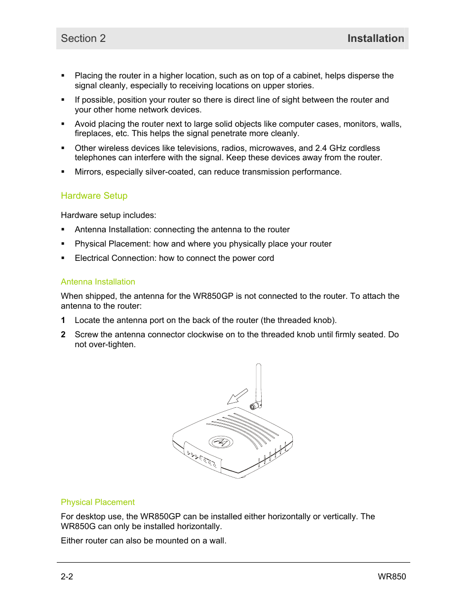 Hardware setup, Antenna installation, Physical placement | Motorola WR850GP User Manual | Page 16 / 123