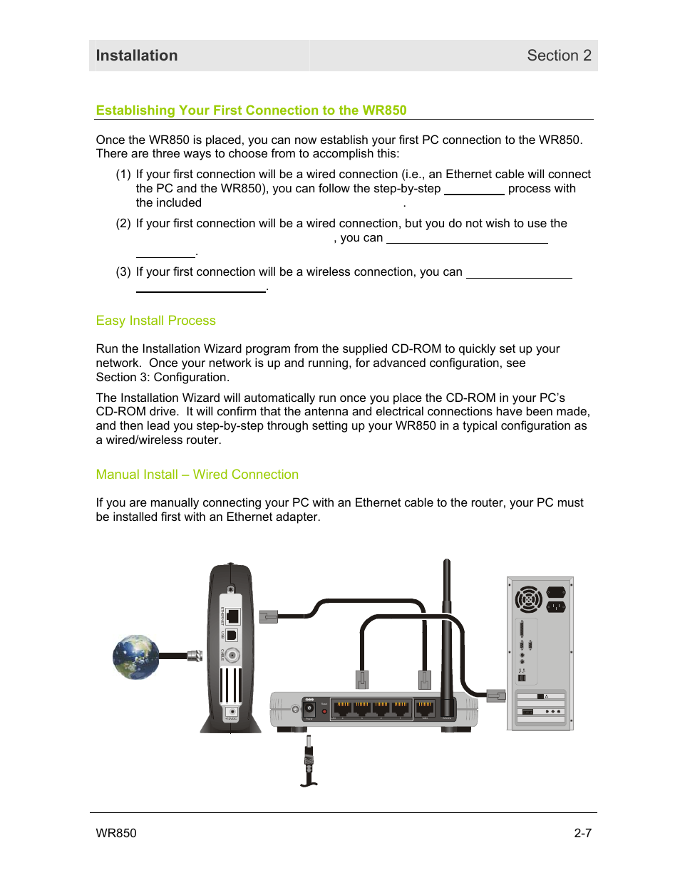 Establishing your first connection to the wr850, Easy install process, Manual install – wired connection | Motorola WR850GP User Manual | Page 21 / 123